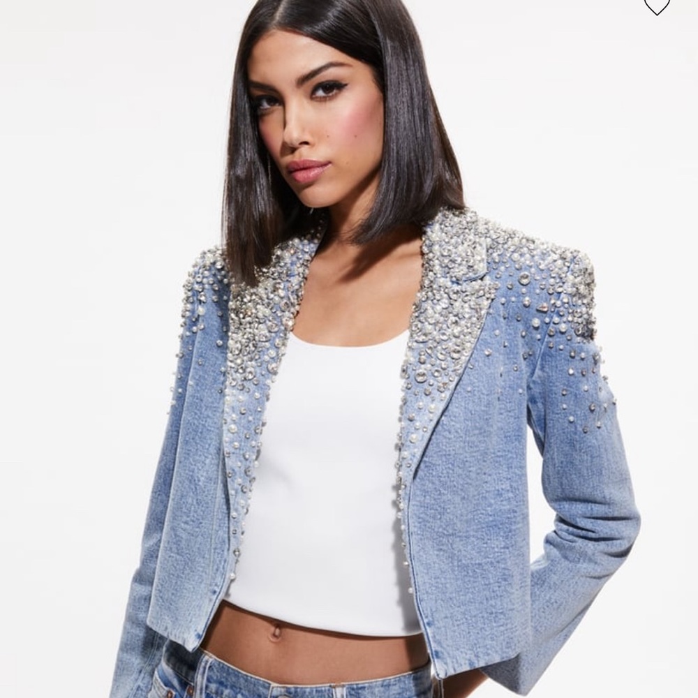 NWT Alice & Olivia Ivan Crystal Embellished Cropped Denim Blazer XS Bling jacket
